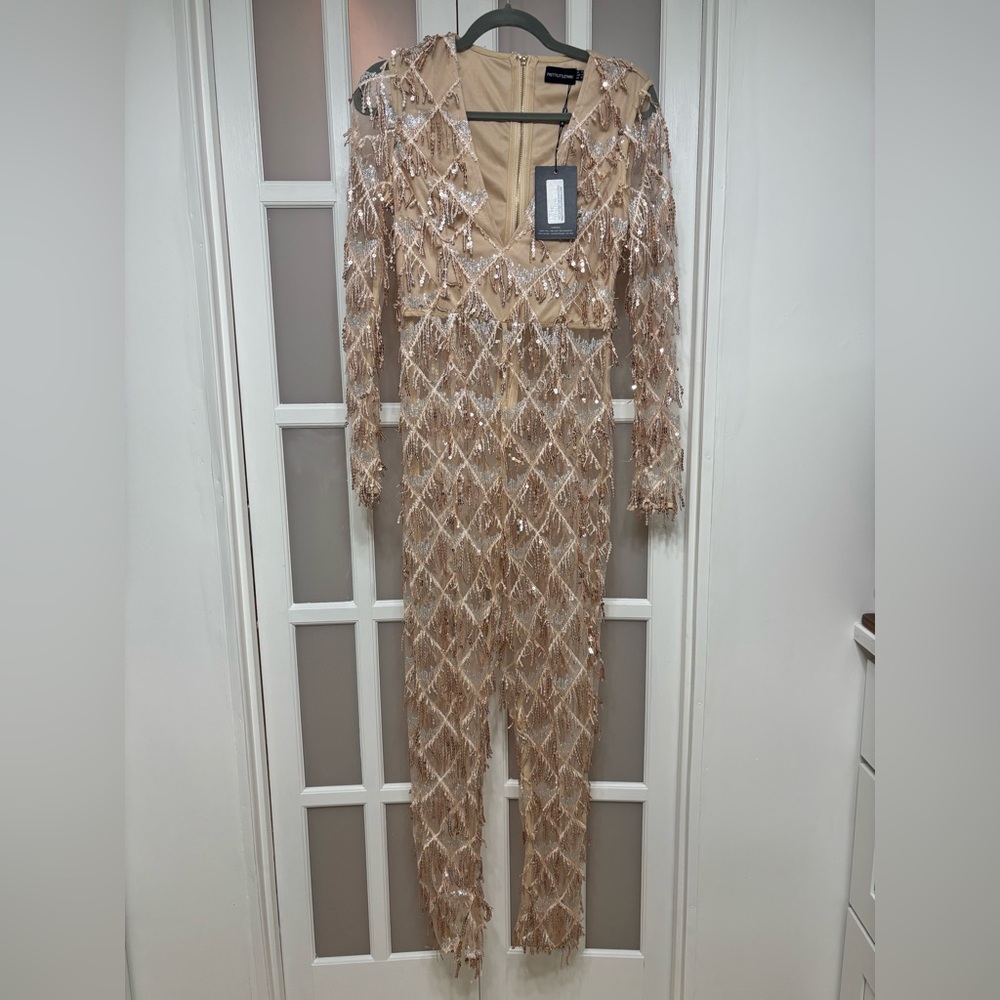 PrettyLittleThing Nude Sequin Fringe Jumpsuit – Size 4 Vegas Club Party Sparkle